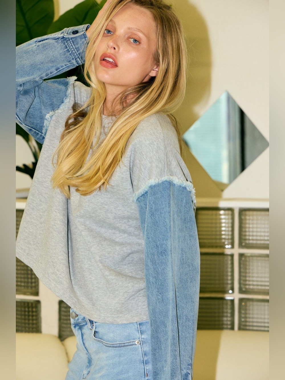 Denim Sleeve Mixed Media Sweatshirt - Picture 11 of 12